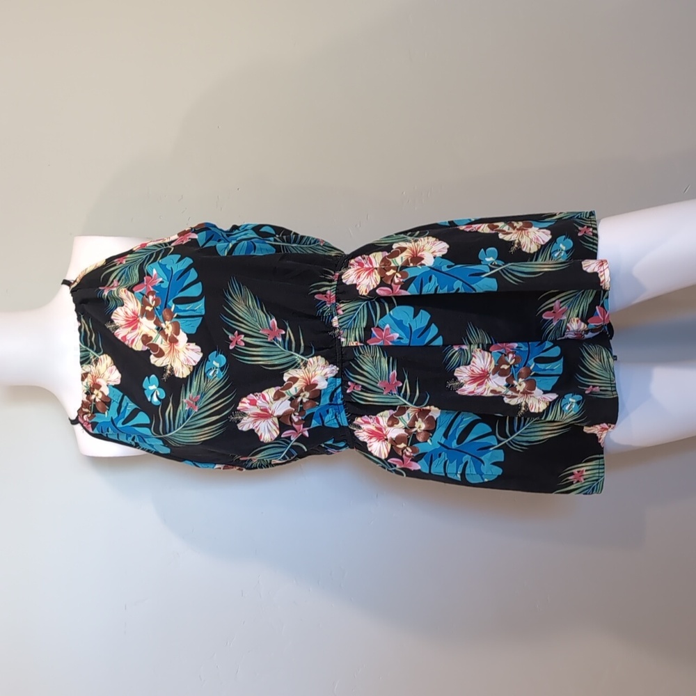 SHEIN Blue And Black Floral Tropical Keyhole Back Short Romper Coverup Large